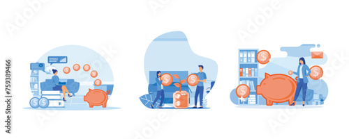 Family couple saving money. A young woman works at a laptop to study and fulfill financial savings. Finance management services and applications. Set flat vector modern illustration