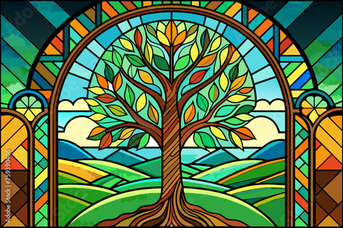 A stained glass window with a tree of life design