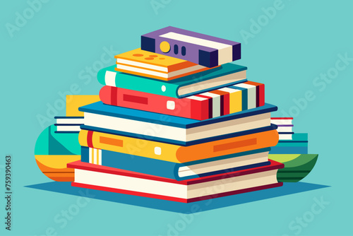 A stack of hardcover books with various colors and sizes.