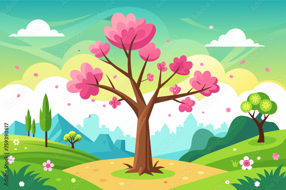 A bright and airy spring background with a colorful tree in blossom.