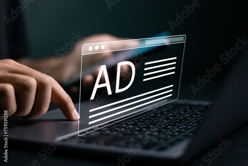 Businessman use laptop with advertising on website. Digital marketing commerce online sale concept. planning advertising marketing strategies to target social media native, ad, advertisers, sales..