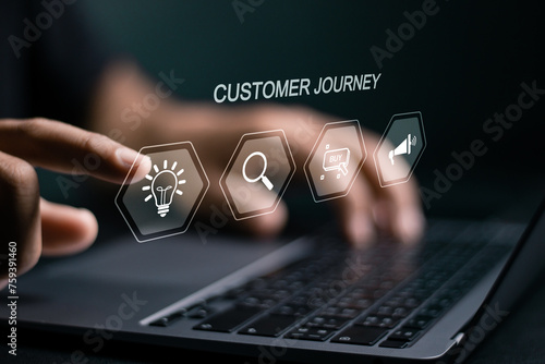 Customer journey concept. journey evaluation, Boost satisfaction, encourage repeat business and drive revenue growth. Person use laptop with customer journey icon on virtual screen.