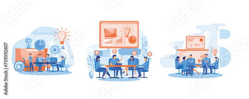 Business Meeting concept. Corporate business team having a meeting in a virtual office room. remote work and teamwork concept. Set flat vector modern illustration