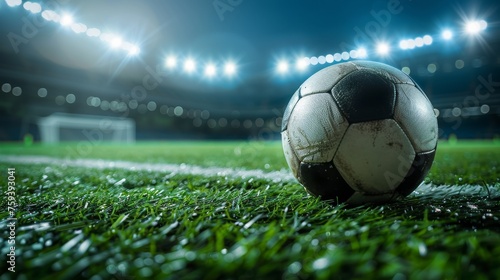 In the glow of stadium floodlights, a football rests on the pitch The lush green turf provides backdrop for the iconic symbol of the sport. Copy space