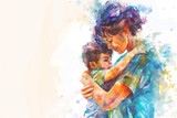 watercolor hand draw Mother holding her son on white background