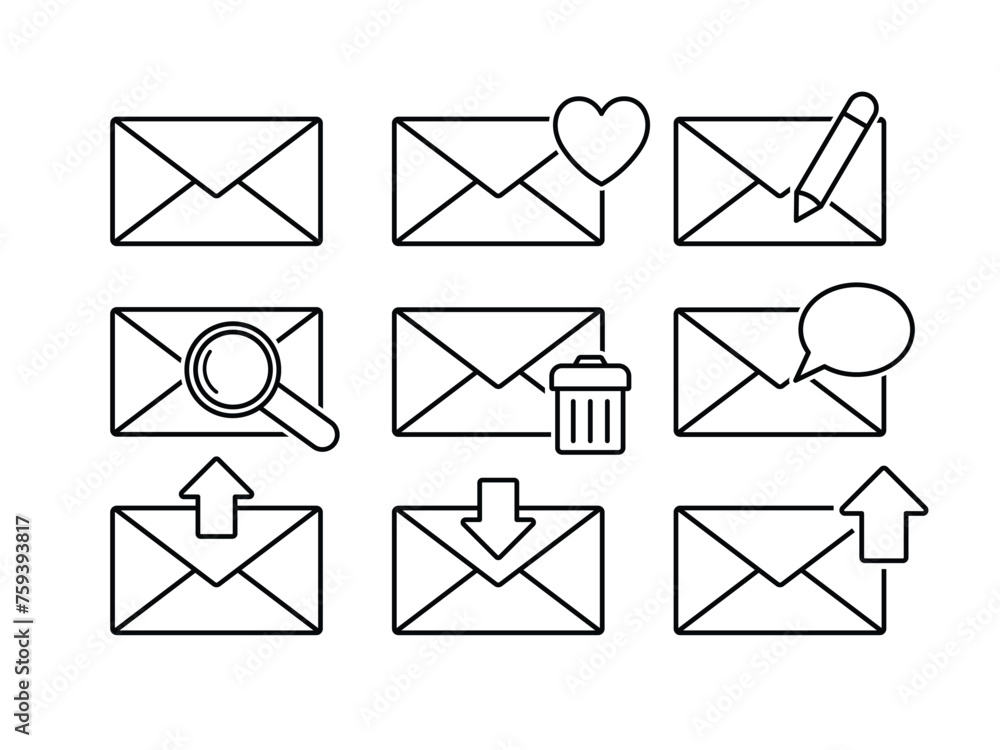 Set of mail icons outline vector illustration, envelope symbols bundle Set of mail icons outline vector illustration, envelope symbols bundle