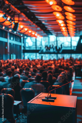 Bustling big hall business conference. Showcasing the vibrancy of the event, successful business gathering in a large, well-lit conference hall.