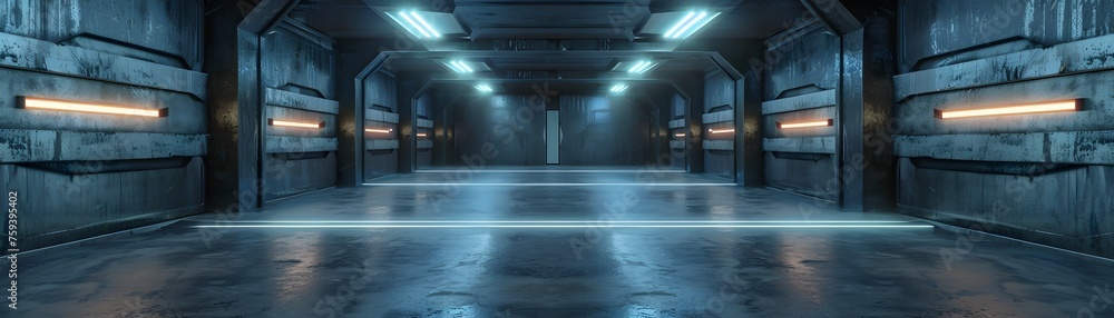 Abandoned Sci-Fi Corridor: Mysterious Underground Concrete Hangar Tunnel in Dark Blue and Gray Abandoned Sci-Fi Corridor: Mysterious Underground Concrete Hangar Tunnel in Dark Blue and Gray