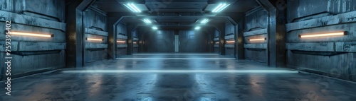 Abandoned Sci-Fi Corridor: Mysterious Underground Concrete Hangar Tunnel in Dark Blue and Gray