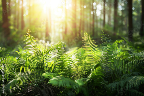 A sun-dappled forest glade  where fairies dance among the ferns