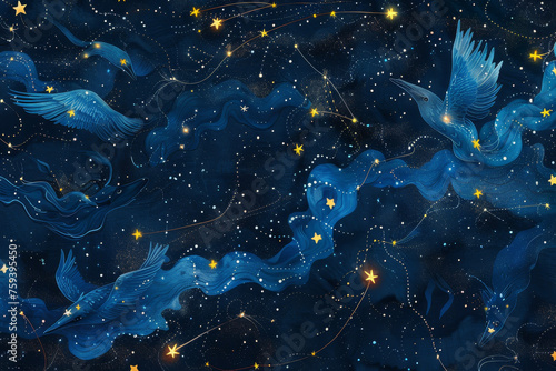 A starry night sky with constellations forming shapes of mythical creatures