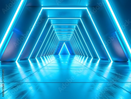 Blue Glowing Futuristic Corridor: Triangular Neon Lights Illuminating Empty Architectural Space