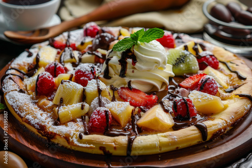 a fruit pizza with ice cream and chocolate sauce