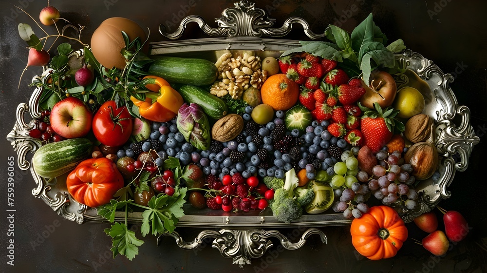 Vintage Silver Tray Filled with Vibrant Superfoods Exuding Health and Vitality