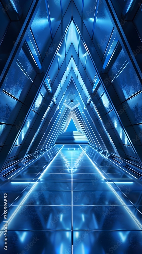Futuristic Triangular Corridor: A Highly Detailed Interior Design Bathed in Blue Light Futuristic Triangular Corridor: A Highly Detailed Interior Design Bathed in Blue Light
