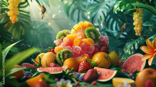 Exotic fruit shaved ice in a 3D cartoon jungle