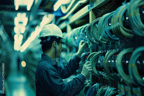 A cable tunnel, fiber-optic cables neatly organized, technicians splicing connections, ensuring high-speed internet. photo