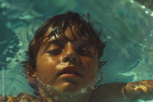 A boy drowning in a pool, with no one around to help, struggling to breathe