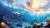 Sea turtle in Half Underwater Seascape and Sky in Watercolor Painting, Beauty of Coral, Marine Life, Explore the Connection of Sea and sky, Nature Enthusiasts and Artistic Decoration.