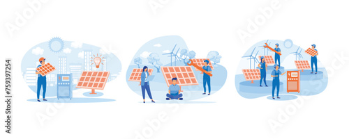 Solar panel installation concept. Installing solar modules. Scene with professional team and panels. Set flat vector modern illustration