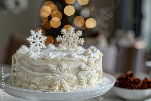 a benta cake with a snowflake decoration and a merry Christmas note