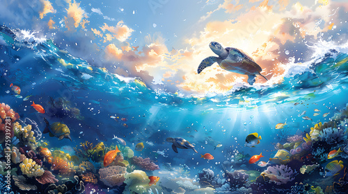 Sea turtle in Half Underwater Seascape and Sky in Watercolor Painting, Beauty of Coral, Marine Life, Explore the Connection of Sea and sky, Nature Enthusiasts and Artistic Decoration.