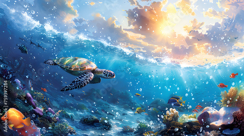 Sea turtle in Half Underwater Seascape and Sky in Watercolor Painting, Beauty of Coral, Marine Life, Explore the Connection of Sea and sky, Nature Enthusiasts and Artistic Decoration.