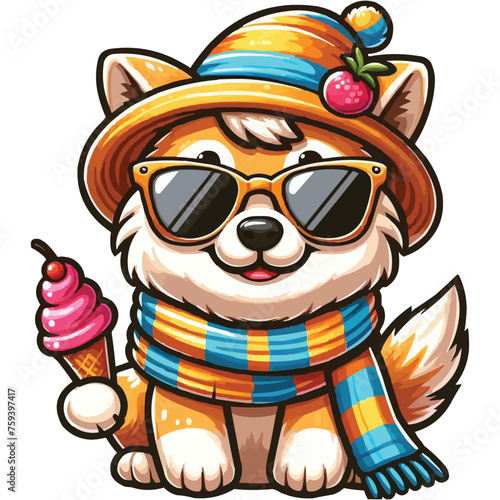Summer cartoon Eskimo Dog with hat and sunglass