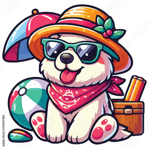 Summer cartoon Eskimo Dog with hat and sunglass