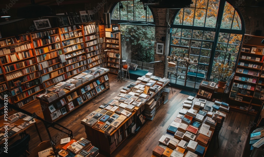 Cozy Antique Bookstore Interior with Stacks of Books