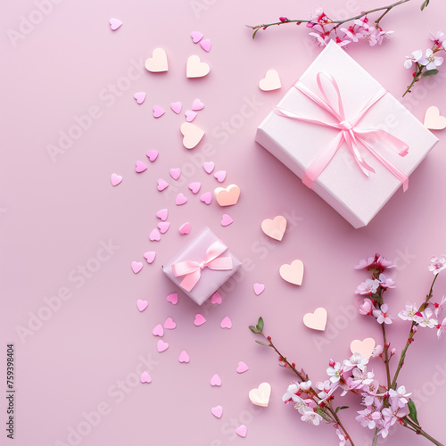 Pink flovers and gifts on pink background. Mother's day, Valentines Day, Birthday celebration concept. Greeting card. Copy space for text © Fatima Shk