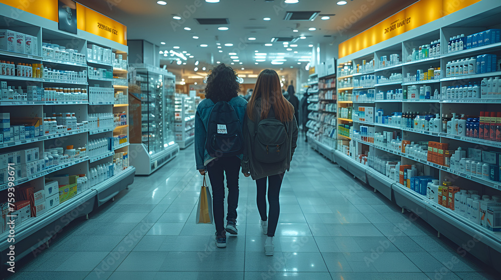Pharmacy isle - people shopping - low angle shot - medicine and medical supplies - retail - stylish - fluorescent lighting Pharmacy isle - people shopping - low angle shot - medicine and medical supplies - retail - stylish - fluorescent lighting