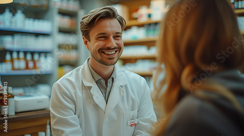Close-up profile picture of a male pharmacist - pharmacy - medicine - filling subscriptions - smiling and confident   photo