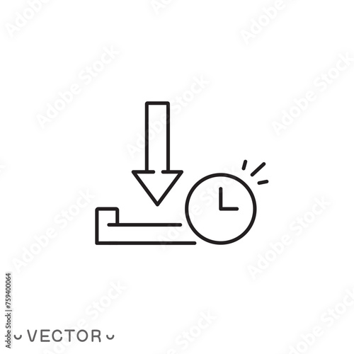 download time icon, file inbox, upload button with clock, thin line symbol isolated on white background, editable stroke eps 10 vector illustration