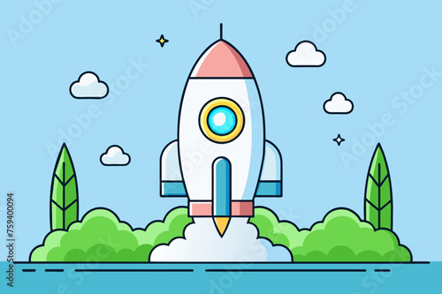 Technology rocket launches amidst a vibrant tree line, symbolizing the intersection of innovation and nature.
