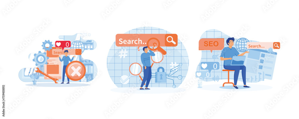 Fototapeta premium Blog promotion mistake. Idea of search engine optimization for blog promotion. Content production without SEO content audit. Set flat vector modern illustration