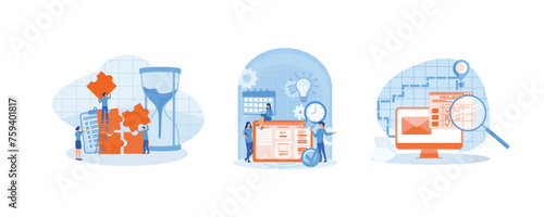 Project management concept. Marketing analysis and development. Successful business project planning, development and scheduling. Set flat vector modern illustration