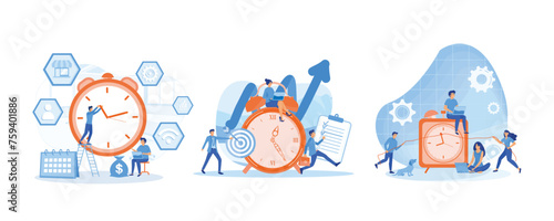 Businessman Talking Time Management Business Strategy. Time Management Discipline. Projects and deadlines. Set flat vector modern illustration 