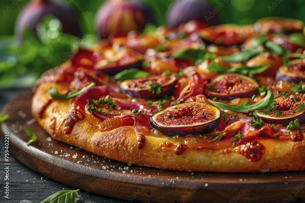 Delicious Fig and Prosciutto Pizza Close-Up on Wooden Tray Gen AI