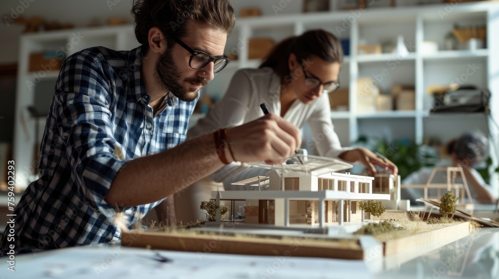A young architect check and working on a house model in white office with colleague A young architect check and working on a house model in white office with colleague