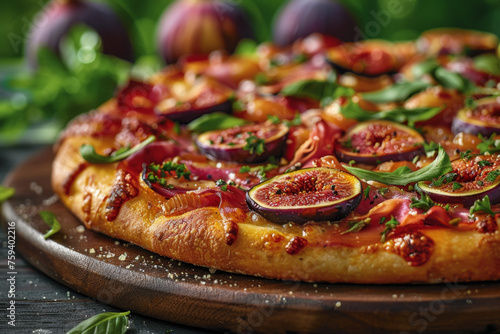 Delicious Fig and Prosciutto Pizza Close-Up on Wooden Tray Gen AI