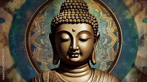Vibrant Sacred Buddha Portrait with Mandala Aura. Symbolic Enlightenment Art in Digital Oil-Paint Style, Selective Focus Spirituality Image for Meditation Day and International Peace Themes