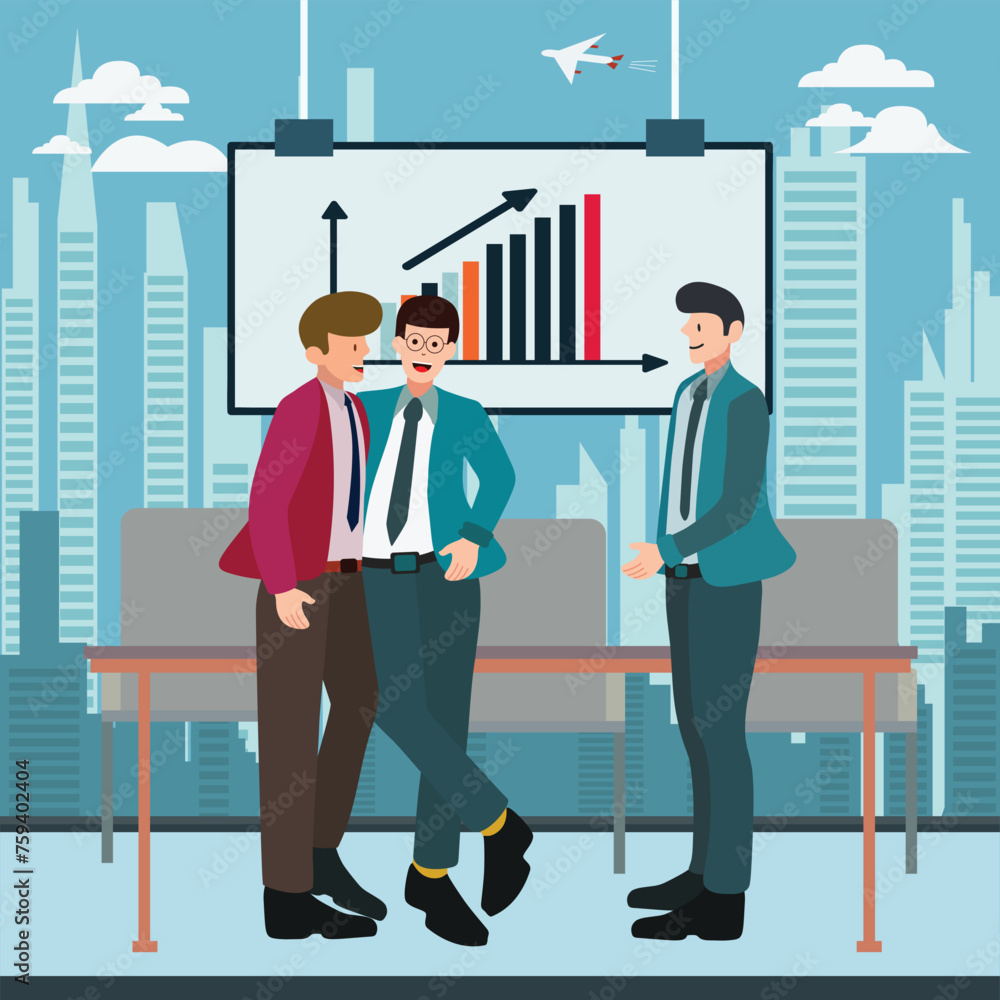 flat design illustration of business men meeting and partnering business people with a background of tall buildings and company charts flat design illustration of business men meeting and partnering business people with a background of tall buildings and company charts