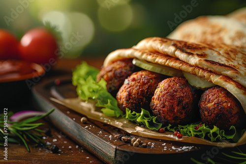 Delicious Falafel Wrap Close-Up on Wooden Tray Gen AI photo