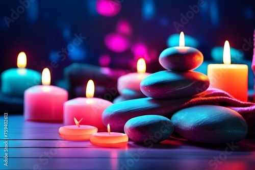 Perfect banner for spa with stones for hot massage, towels, candles, aroma oil in neon background, copy space. Spa and Wellness concept. Dayspa nature products. Beauty spa treatment and relax concept. photo