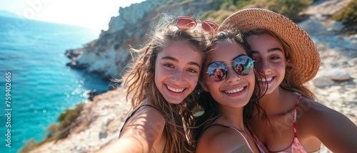 beautiful girl with friends, teens playfully exploring a seaside town