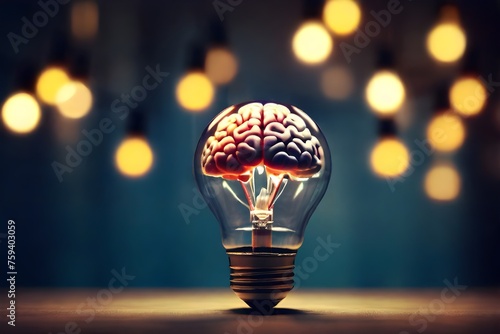Glowing human brain inside of light bulb isolated on bokeh background. Mental health concept, brain thinking, smart response, solution, education, mind, business bright idea, smart thinking idea. #759403059