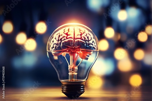 Creative idea symbol. Glowing human brain inside of light bulb, copy space. Symbol of innovation, solution, creative thinking, electricity, shine, creativity, inspiration, invention, bright idea. #759403068