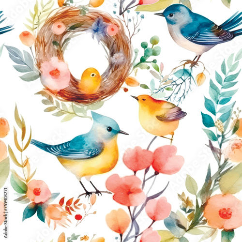 Watercolor hand drawn painting colorful exotic birds and nest floral seamless pattern. Spring summer vector background with branches  birds  flowers  leaves. Drawing watercolor repeat backdrop.