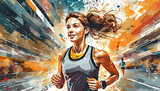 Abstract exploding photon Marathon runner sport on street acrylic paint on digital art concept, Generative AI.